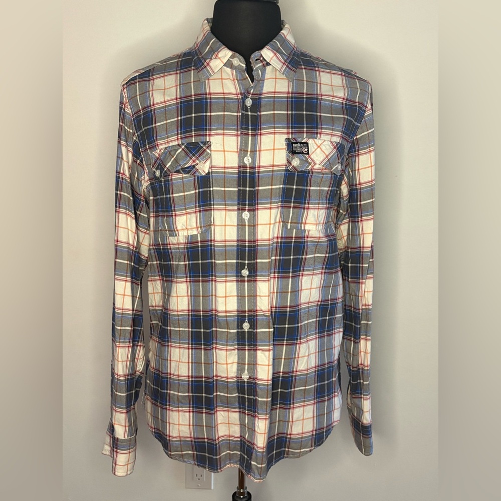 Ecko Unlimited Men’s Plaid Button-Down Shirt - Blue, Gray, White Medium